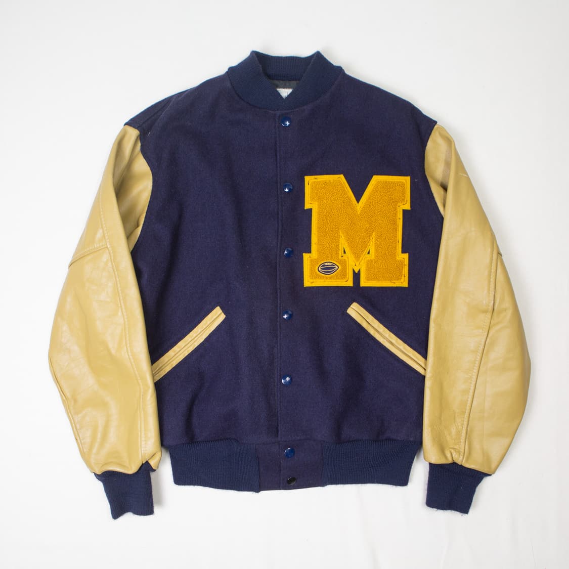 90s 레더암 패치워크 바시티 자켓 네이비 상품이미지1