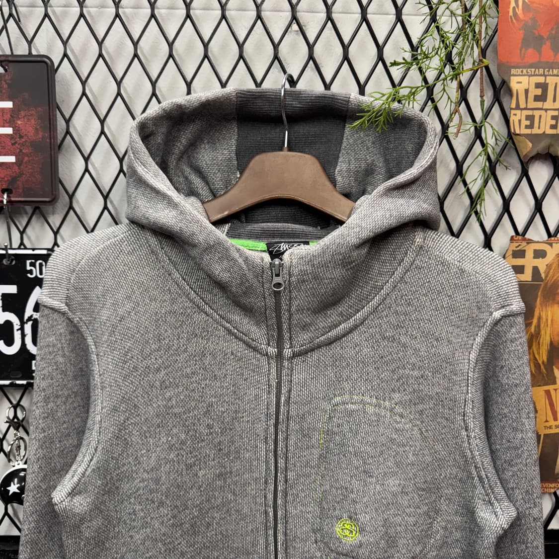 00s 스투시 어센틱 코튼 후드 집업 전면 로고 포인트 그레이 상품이미지3