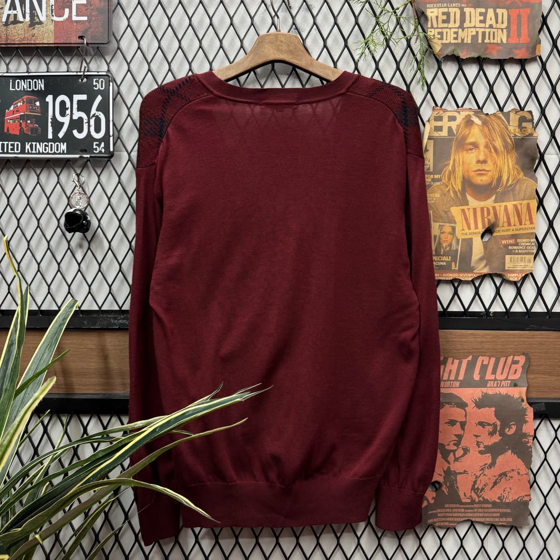 90s 입생로랑 YSL 니트 가디건 체크 패턴 포인트 버건디 상품이미지2