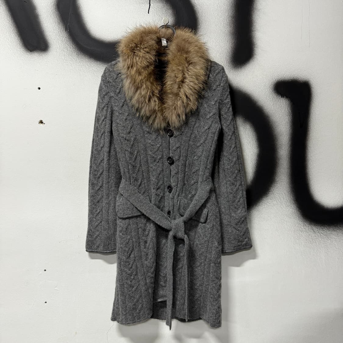 VTG 빈티지 리얼 폭스퍼 꽈배기 패턴 롱 로브 니트 가디건 상품이미지1