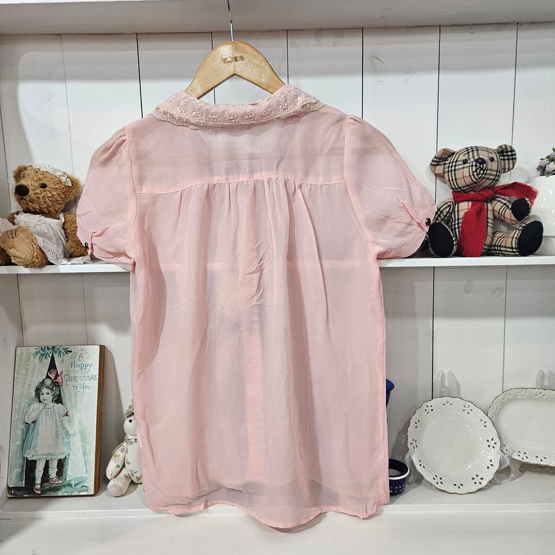 레이스 세일러카라 핑크 리본 블라우스 상품이미지6