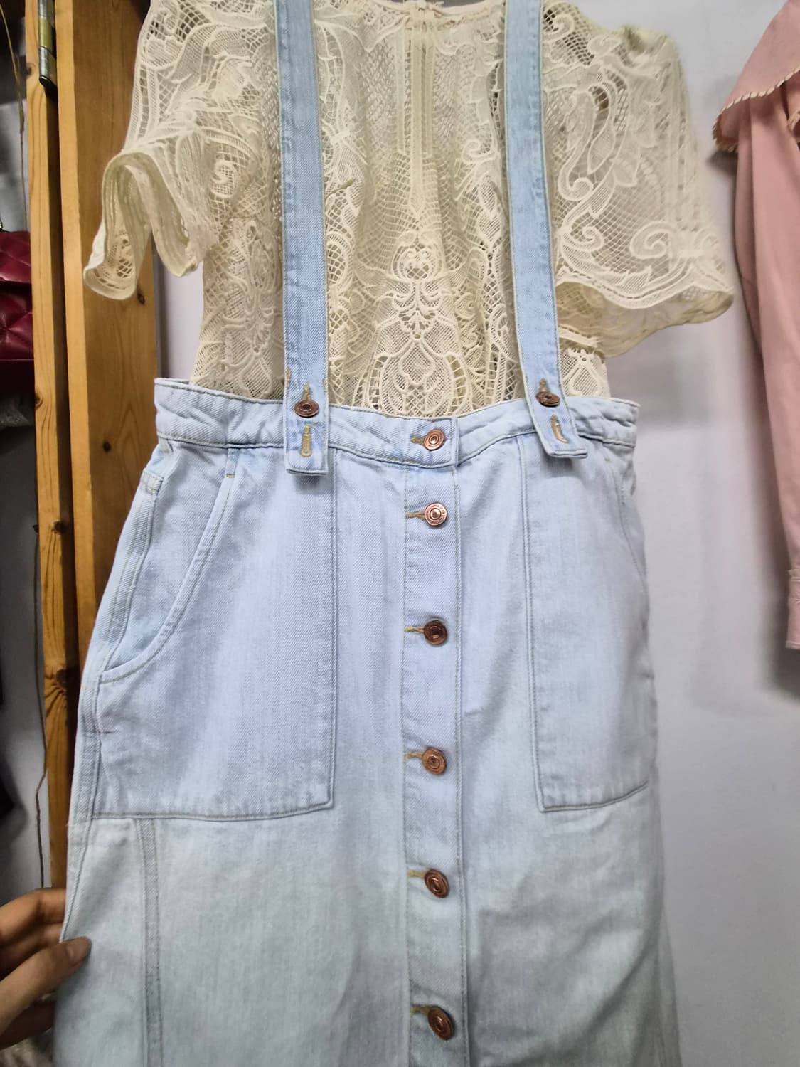 1.자라 멜빵 데님 스커트 2.자수레이스 블라우스 상품이미지2