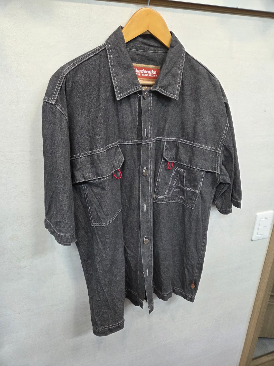 아카데믹스 00s 빈티지 자수로고 그레이 데님셔츠 반팔 xl 상품이미지5