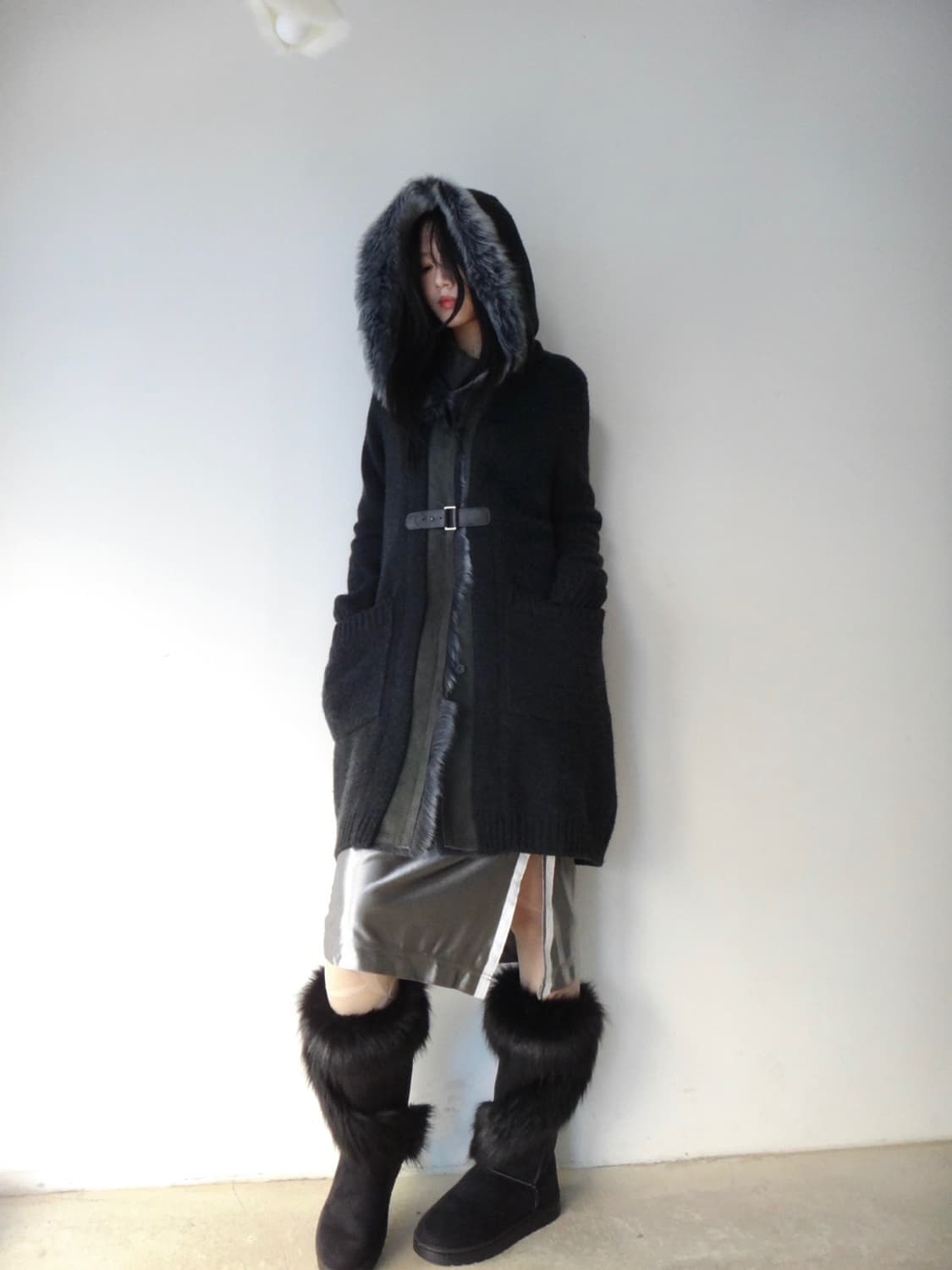 Leather mix buckle hoody cardigan / navy 상품이미지6