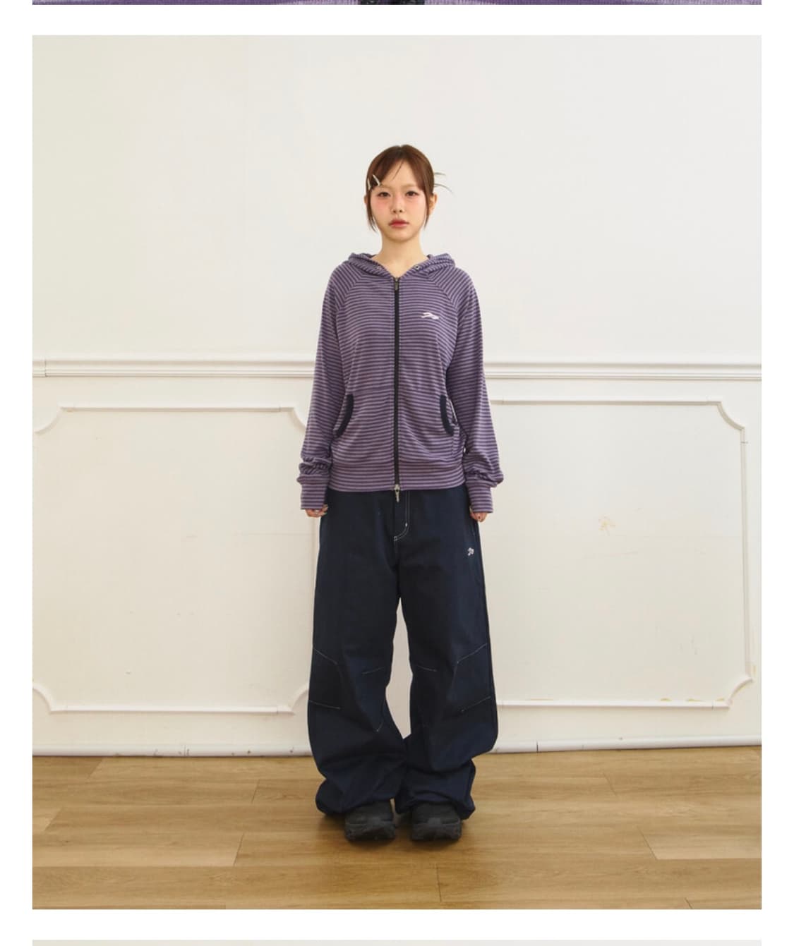 주영X탄산 스몰로고 후드집업 스트라이프 보라 + 비니 상품이미지2