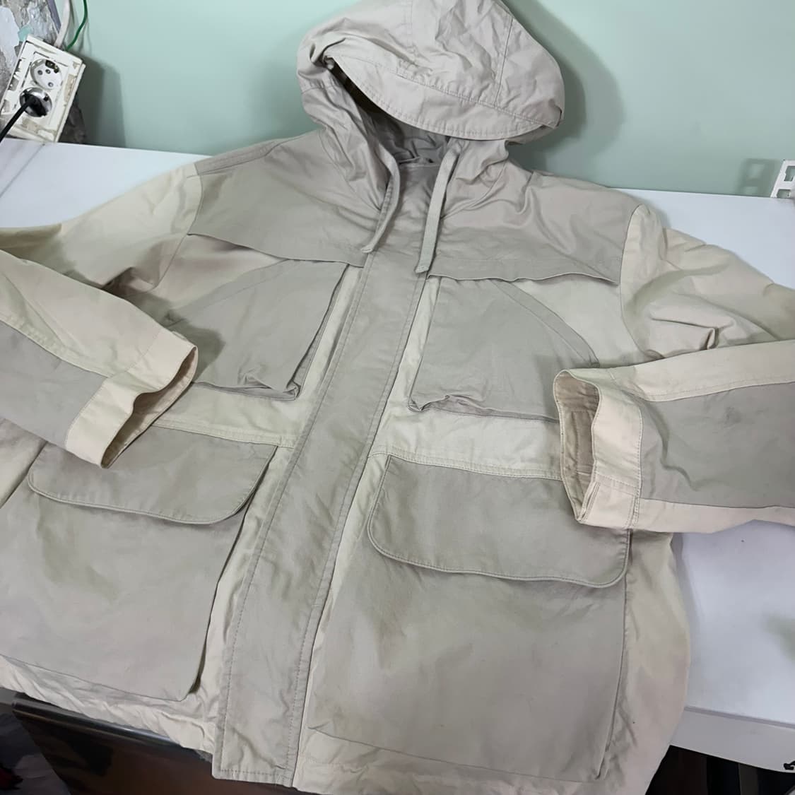 L-XL 흐앤므 H&M 오버핏 라이트베이지 밑단스트링 코튼 야상자켓 상품이미지1