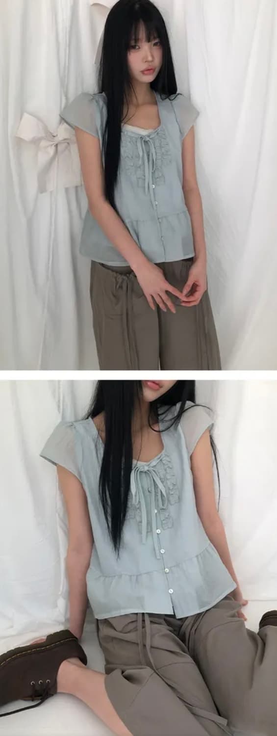 당일배송) 원더원더 메일리 프릴 반팔 블라우스 아오이유우 모리걸 빈티지 상품이미지3