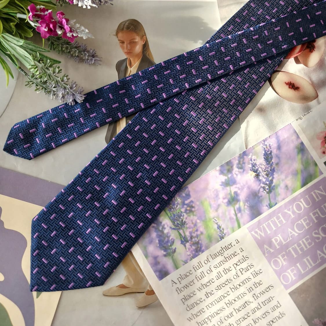 아쿠아스큐텀 네이비 자카드 패턴 넥타이 9.5cm A+등급 A19710 상품이미지3