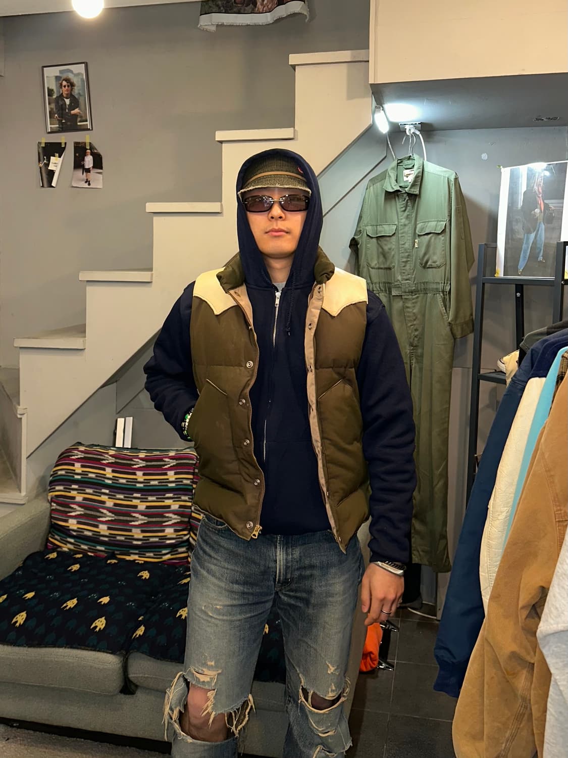 Sugar Cane leather yoke T/C down vest 상품이미지2