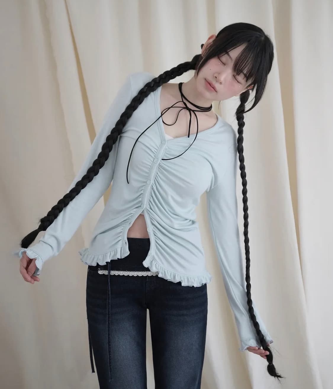 미레코 ASYMMETRIC SHIRRING LACE CARDIGAN MI 상품이미지1