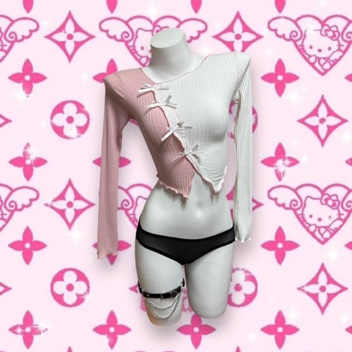 Half pink & white ribbon crop top 상품이미지2