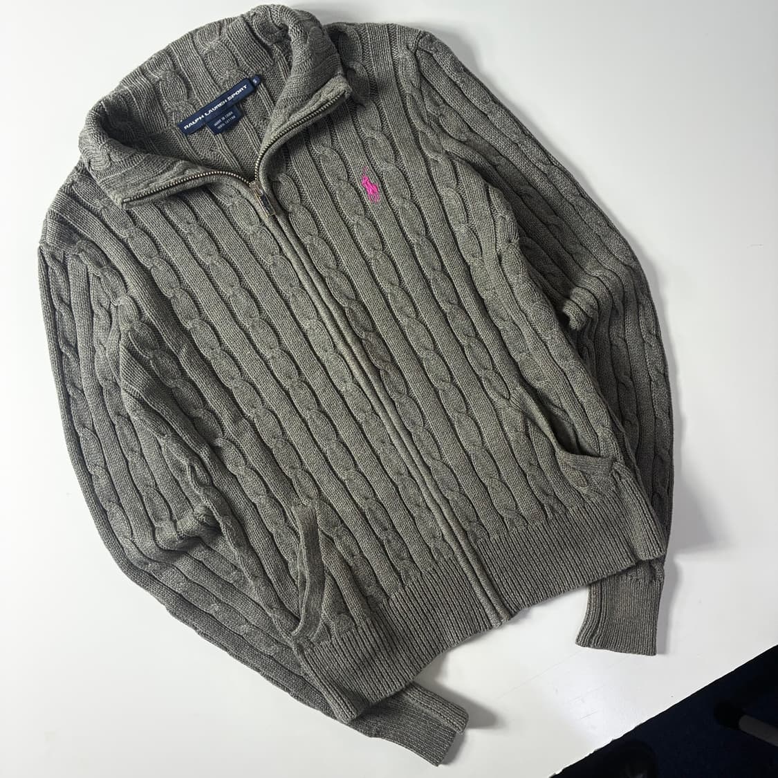 Polo  랄프로렌 스포츠 자수 코튼 그레이 꽈배기 니트집업 상품이미지2