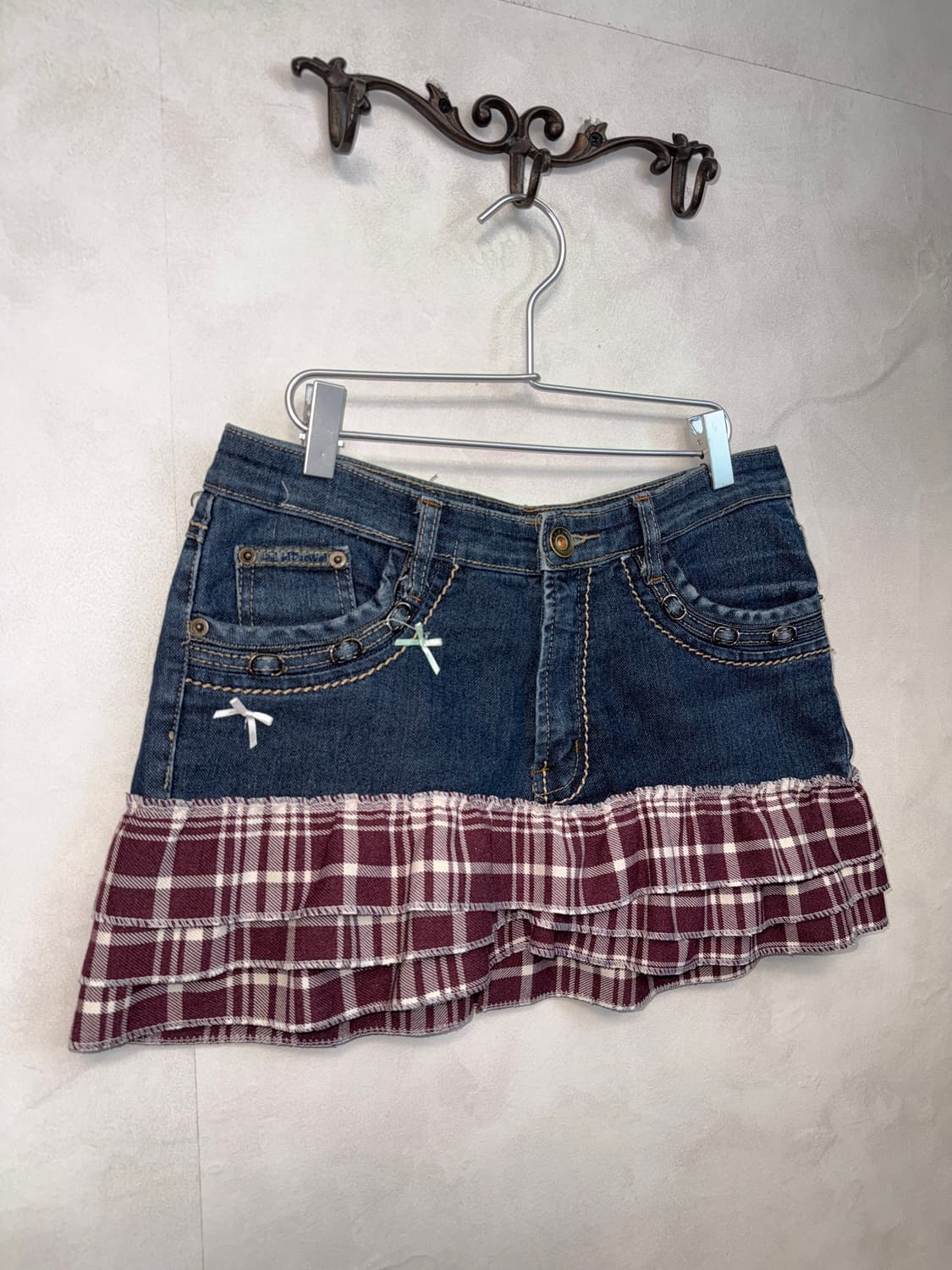 Denim red check cancan ribbon mini skirt 상품이미지2