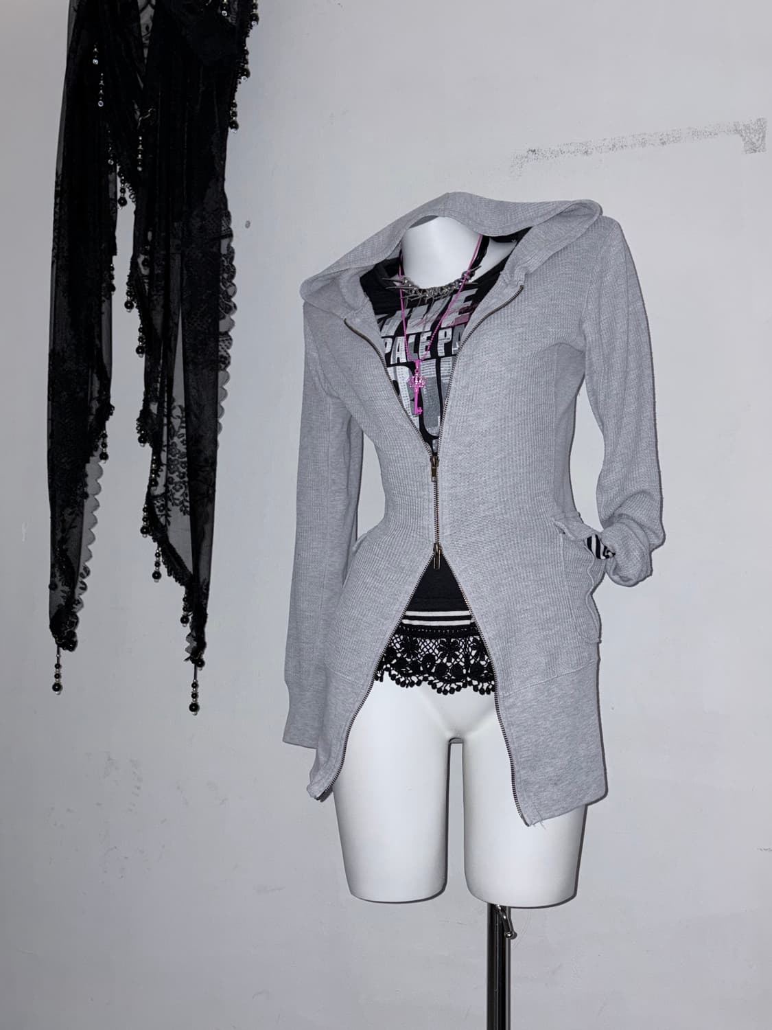 00s 시부야 레터링 무채색 갸루 3pcs (그레이/핫핑크/스트라이프) 상품이미지2