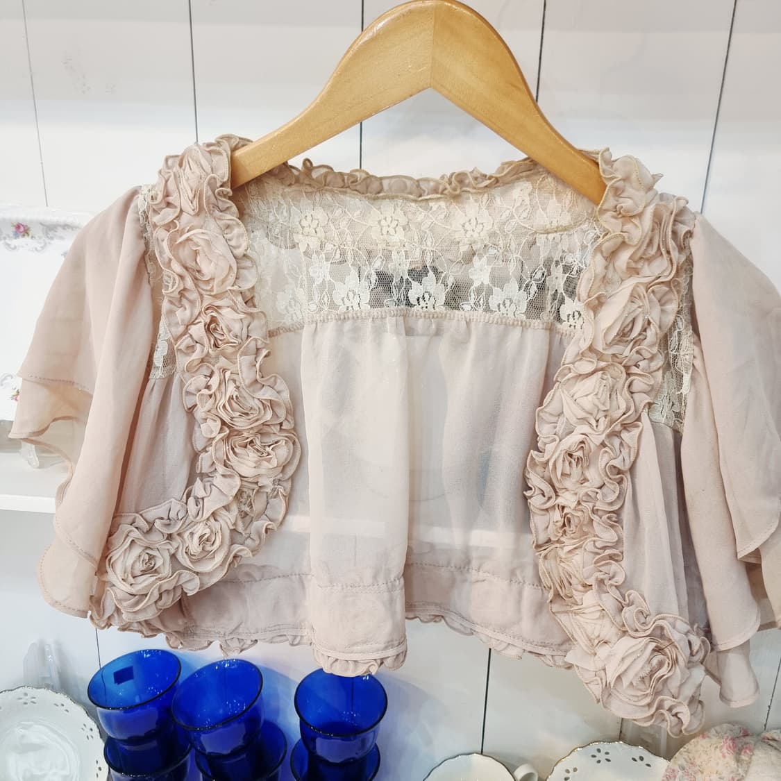 레이스 플라워 장식 볼레로 핑크 베이지 상품이미지5