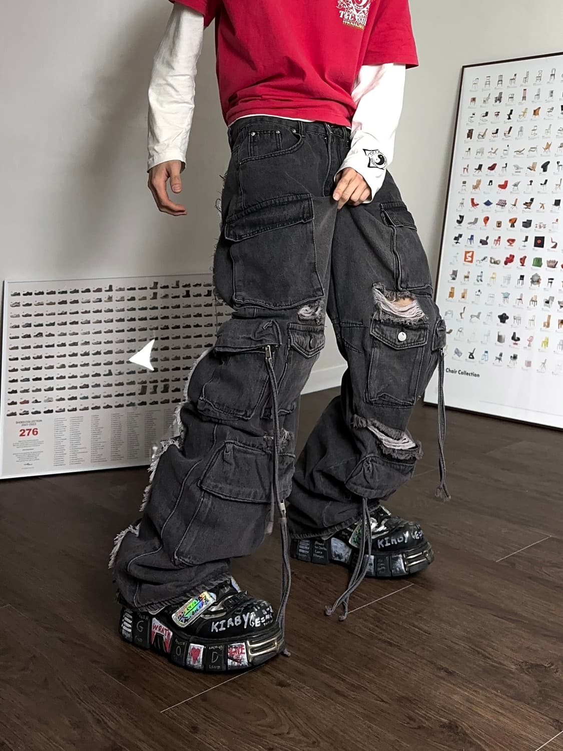 RVNTENG 디스트레스 & 리프드 데님 카고 팬츠 상품이미지2