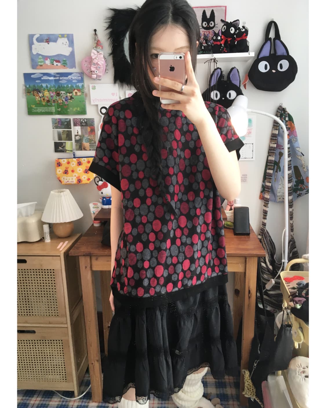 vintage dot pattern neck top pink 상품이미지3