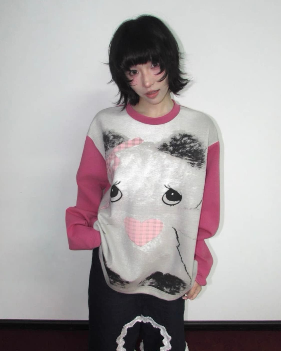 OurHappy 중국 브랜드 맨투맨 롱슬리브 긴팔티셔츠 핑크 프린팅 상품이미지1