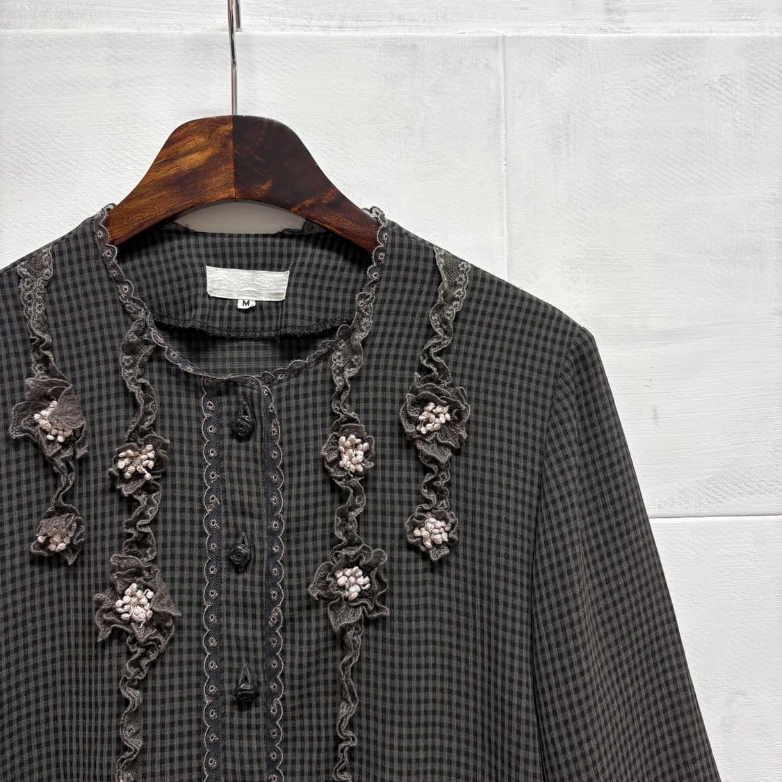 시스루 레이스 플라워 하구미 모리걸 체크 블라우스 M  JPN 상품이미지2