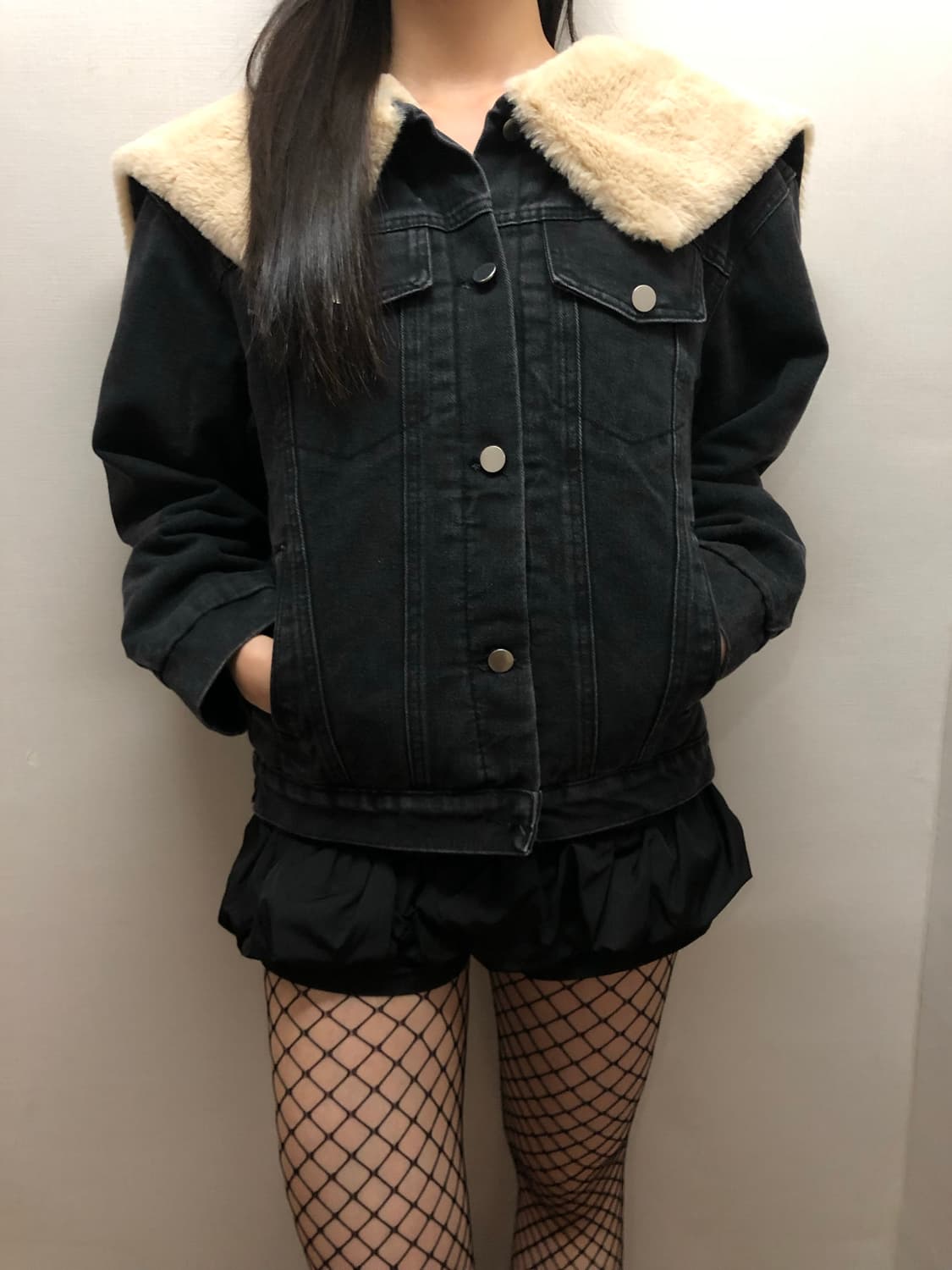 빈티지 블랙 데님 퍼 카라 자켓 상품이미지2