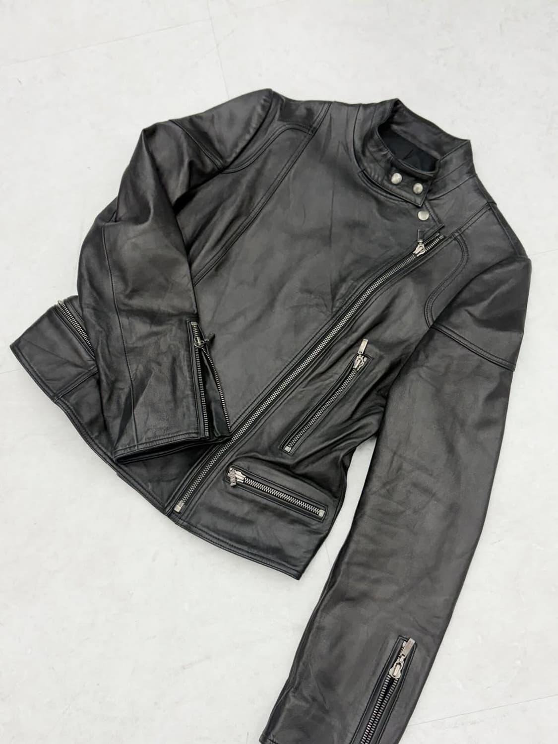 Asymmetric High-Neck Leather Jacket 상품이미지5