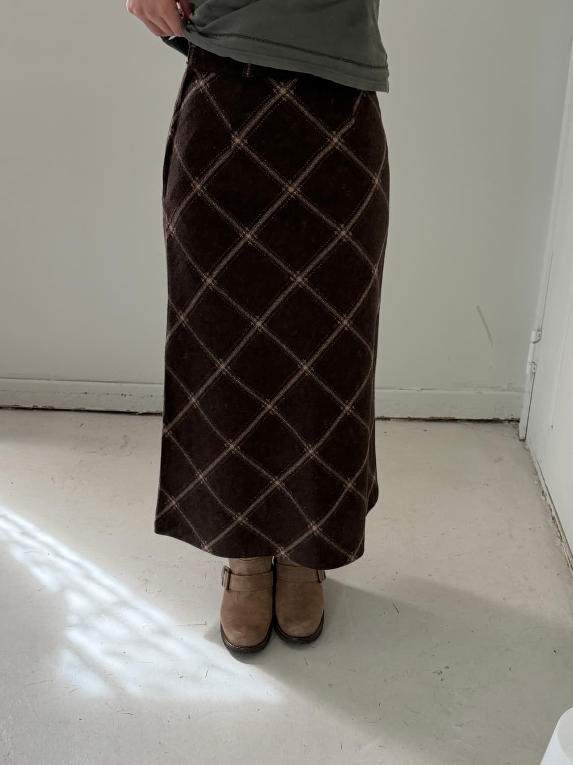 일본빈티지 브라운 체크 롱스커트 상품이미지1