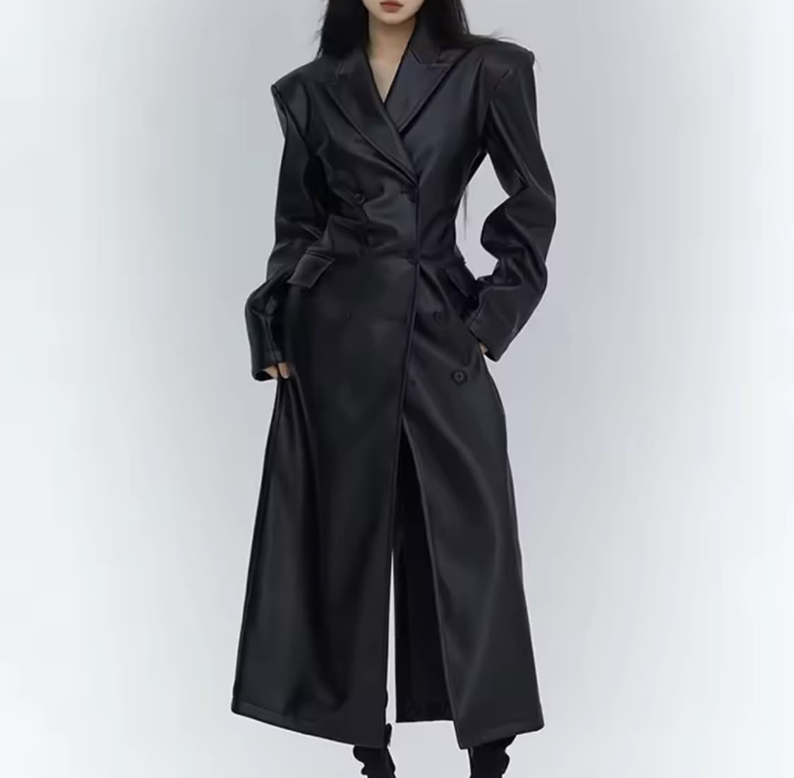 머니테일 블랙롱레더코트 상품이미지1