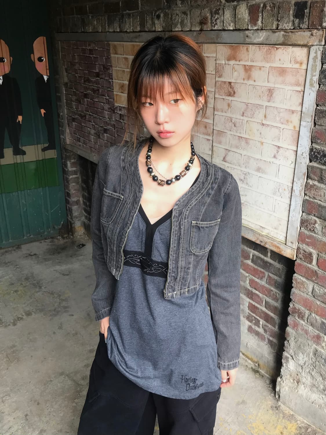 (상의 세트) 할리데이비슨 그레이 원피스 나시 + 흑청 크롭 자켓 상품이미지1