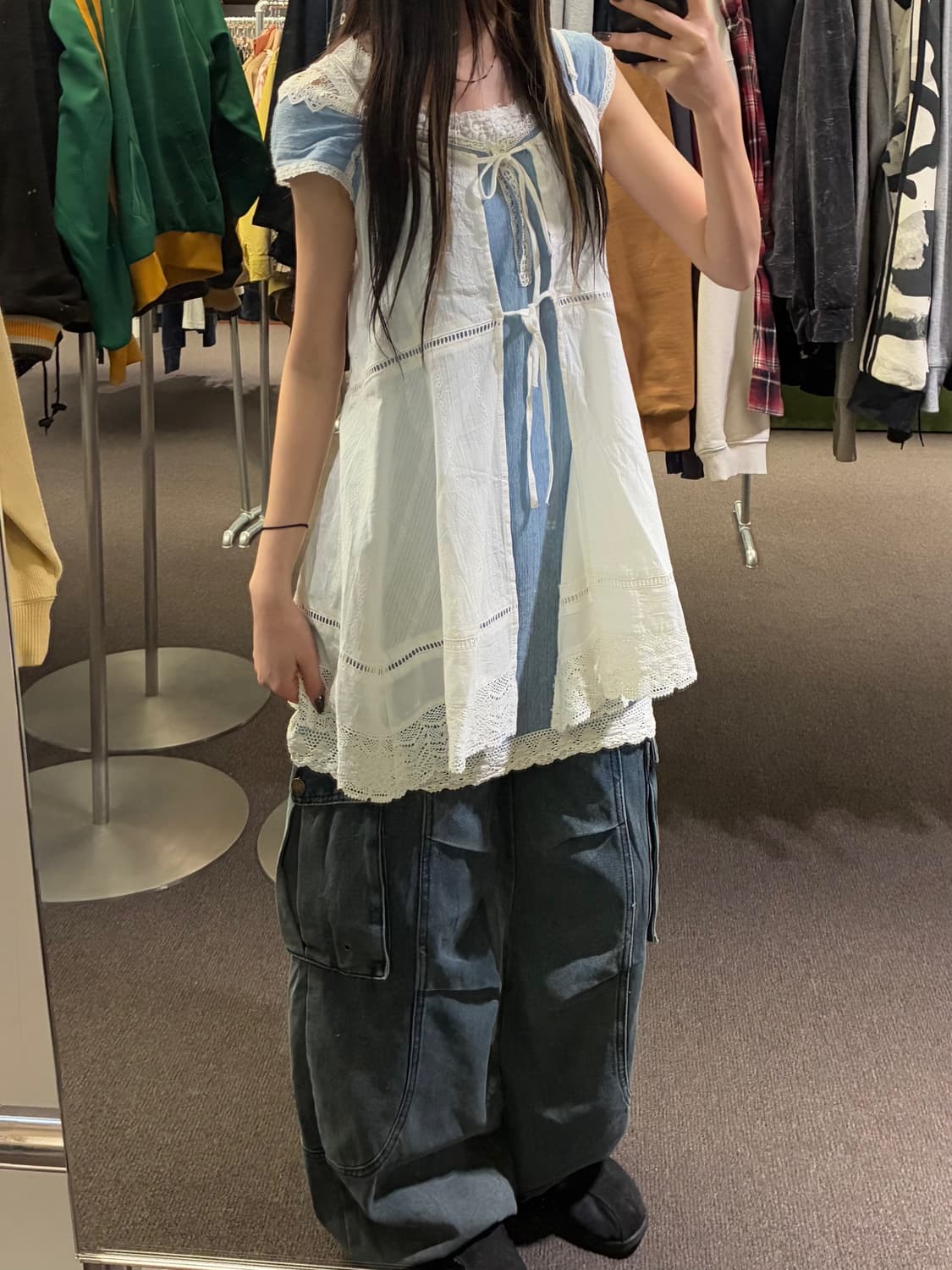 OS)Japanese vintage 여성 화이트 펀칭 레이어드 나시 원피 상품이미지1