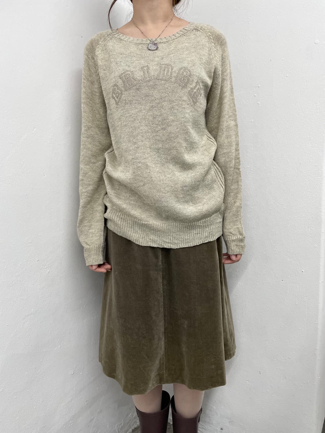 벨벳 카키 리본 스커트 상품이미지5