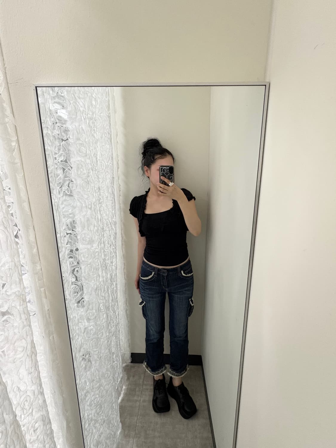 axes femme) lace trim denim cargo pants 상품이미지4