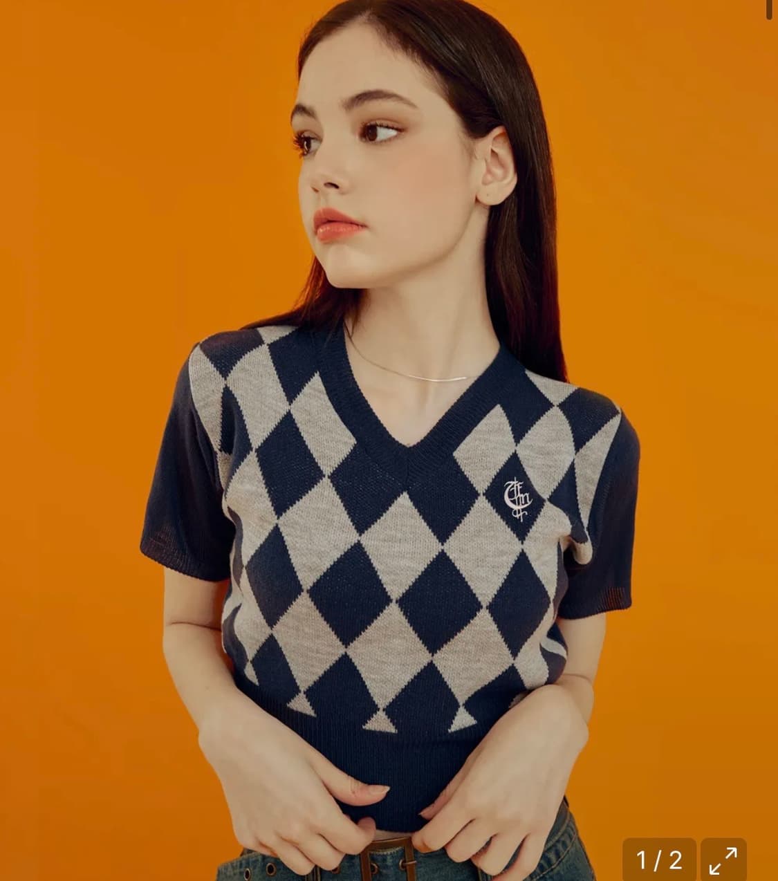 팬시클럽 브이넥 아가일 크롭 니트 상품이미지1