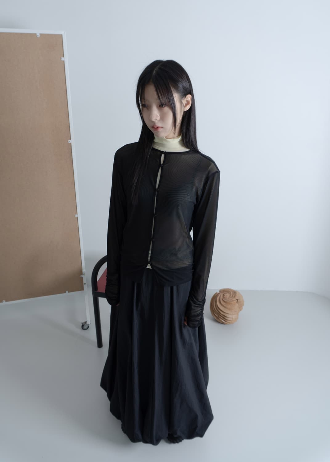 우화 가디건 블랙 검정 WRINKLE MESH CARDIGAN BLACK 상품이미지1