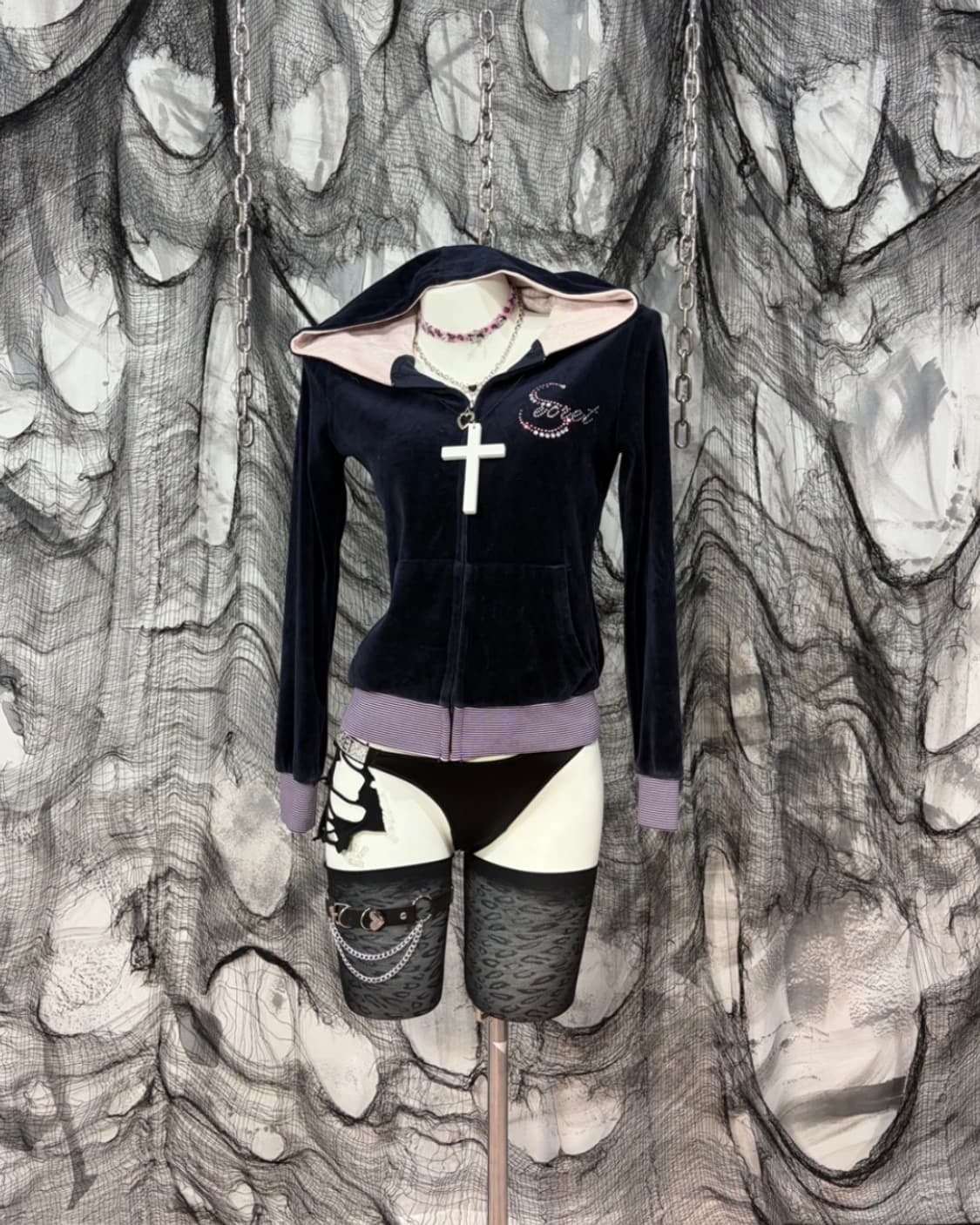 00‘s cubic Detail Velvet Hoodie Zip up 상품이미지3