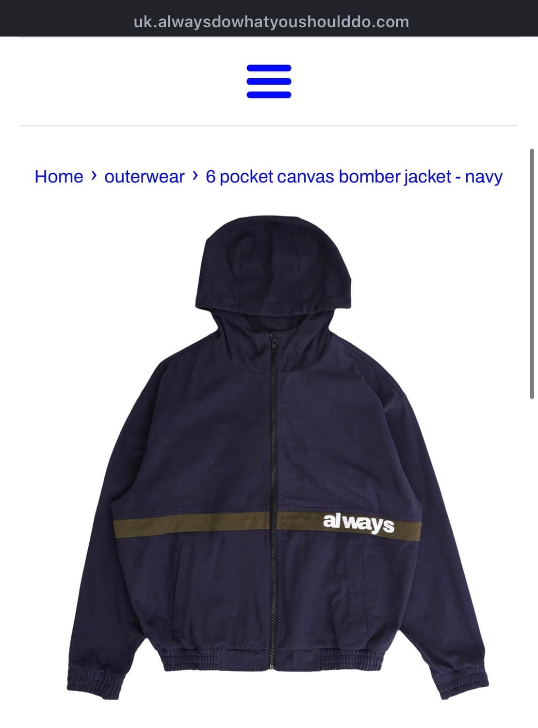 Always 캔버스 후드 봄버 네이비(L) 상품이미지1