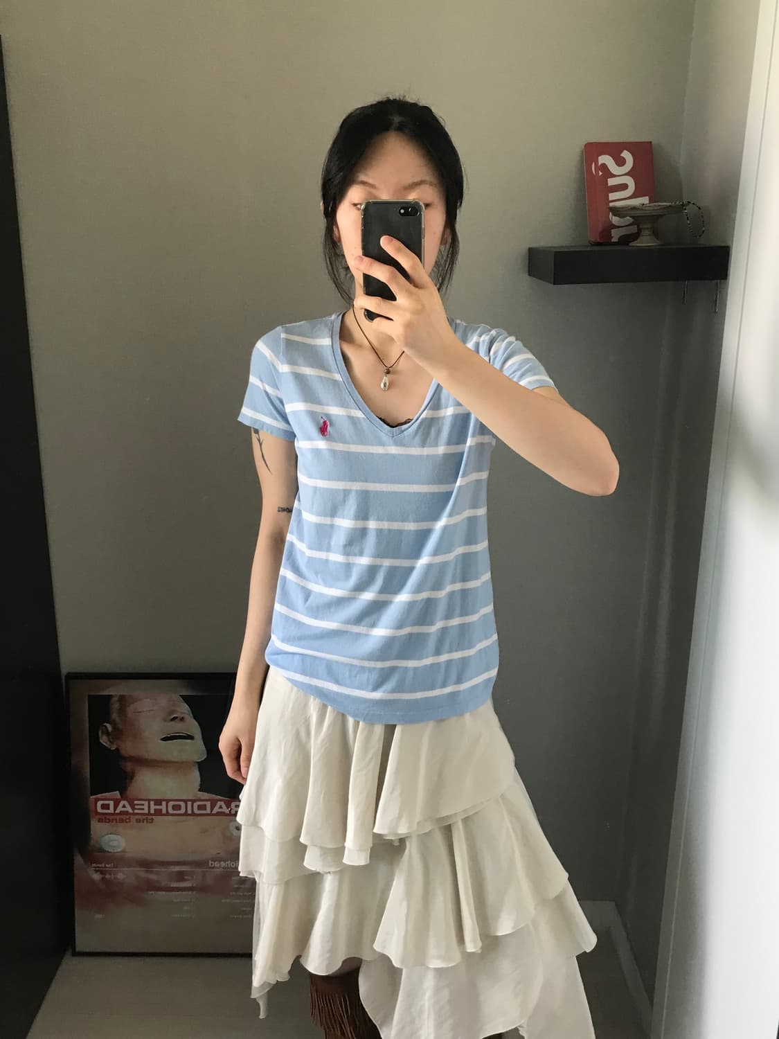 폴로 랄프로렌 포니 로고 스트라이프 브이넥 반팔티 상품이미지1