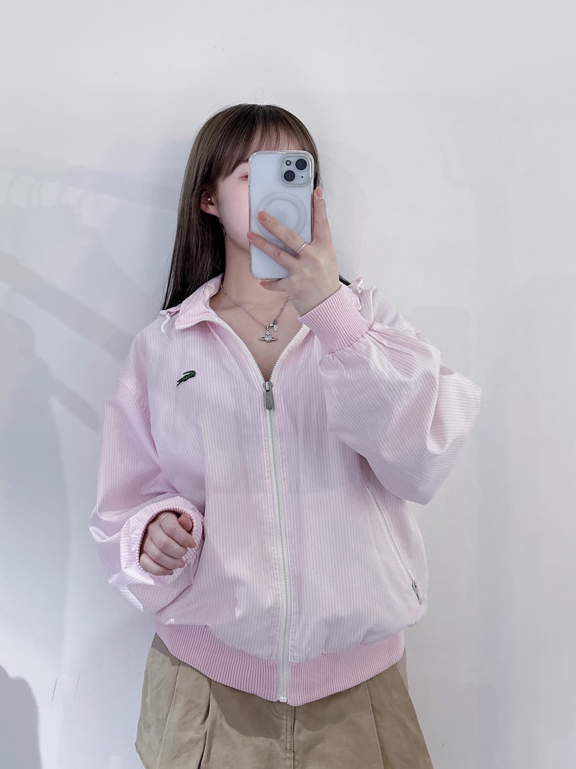 라코스테 90‘s 베이비핑크 스트라이프 블루종 자켓 상품이미지2