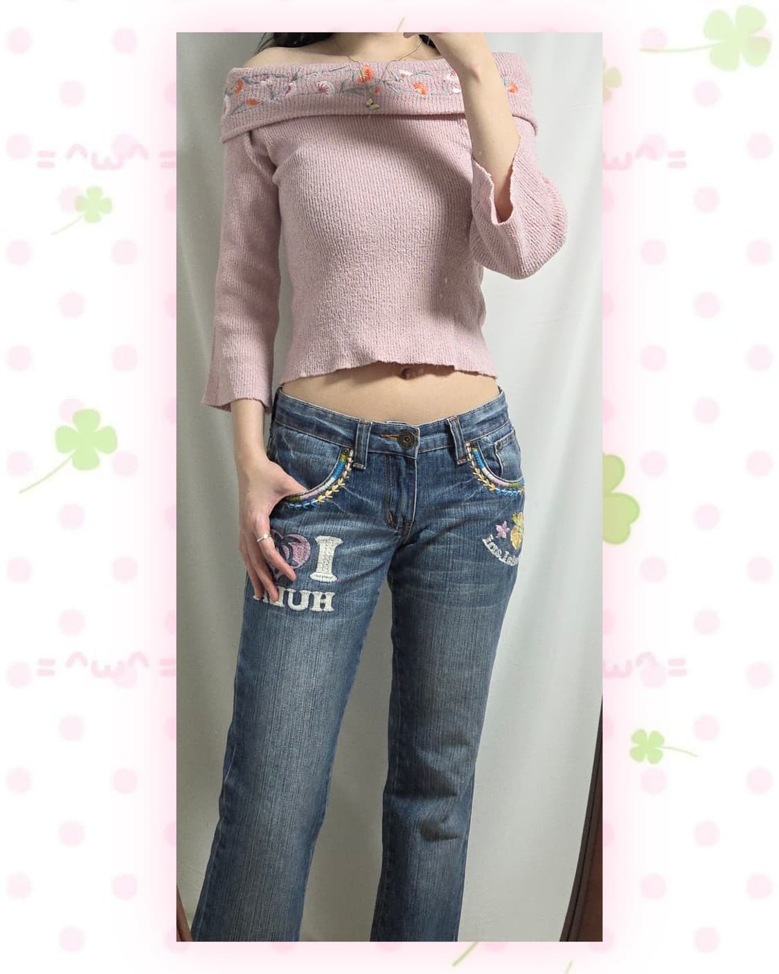 DAZZLIN 다즐린 꽃자수 오프숄더 7부 티 상품이미지1