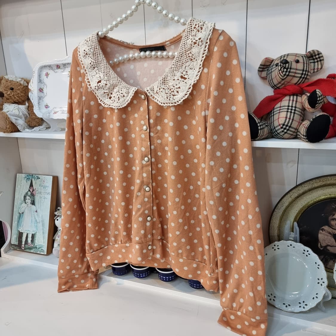 도트 레이스 카라 진주버튼 가디건티 상품이미지3