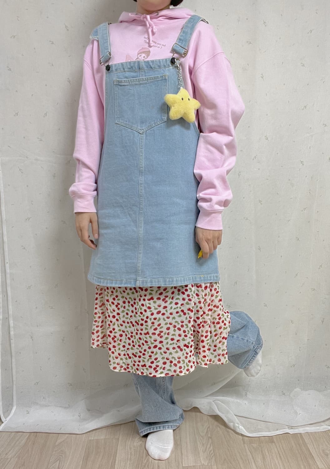 핑크후드티+청멜빵치마+패턴롱스커트 상품이미지1