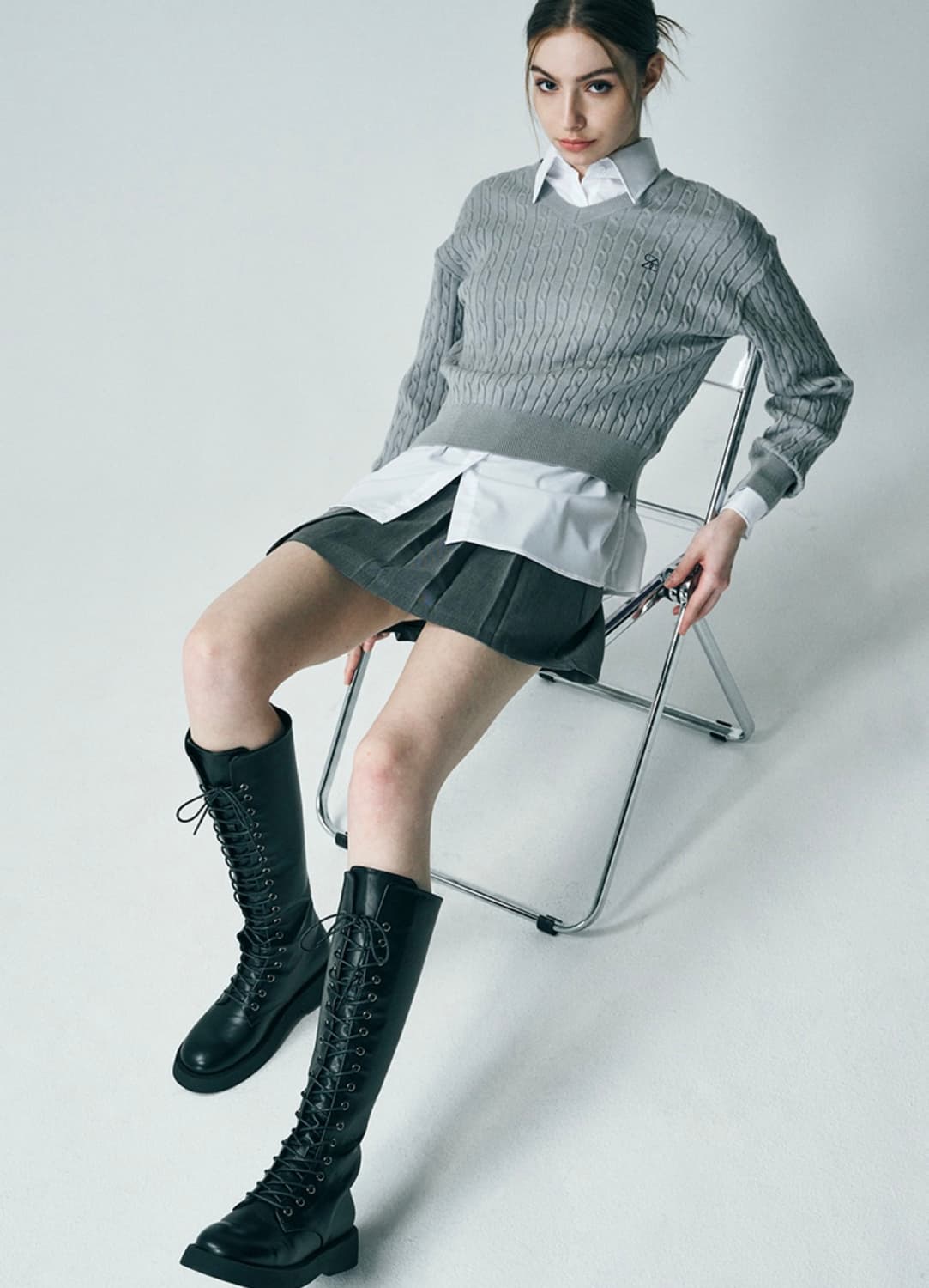 [솔트앤초콜릿] 레이스업 워커 롱부츠 블랙 상품이미지2