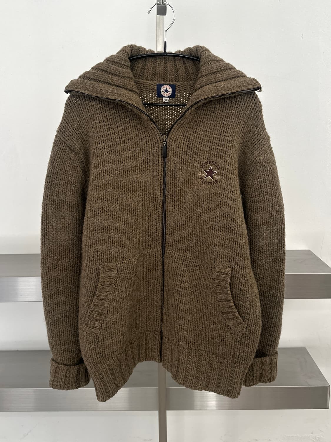 컨버스 브라운 빅로고 헤비 울 니트집업 상품이미지2