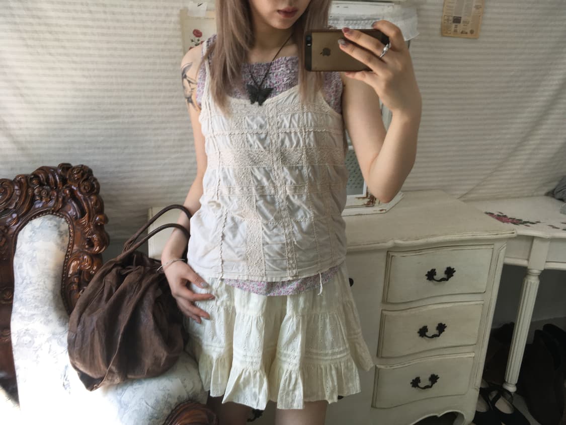 일본빈티지 아이보리 레이스 패치워크 모리 슬리브리스 상품이미지2