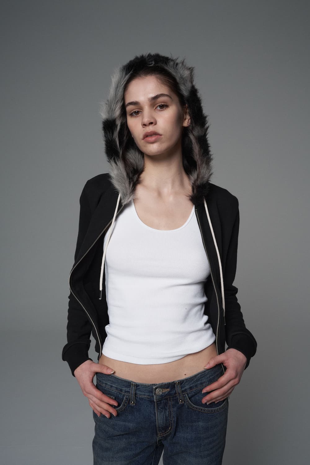 Wolf fur hooded zip-up Black 상품이미지3