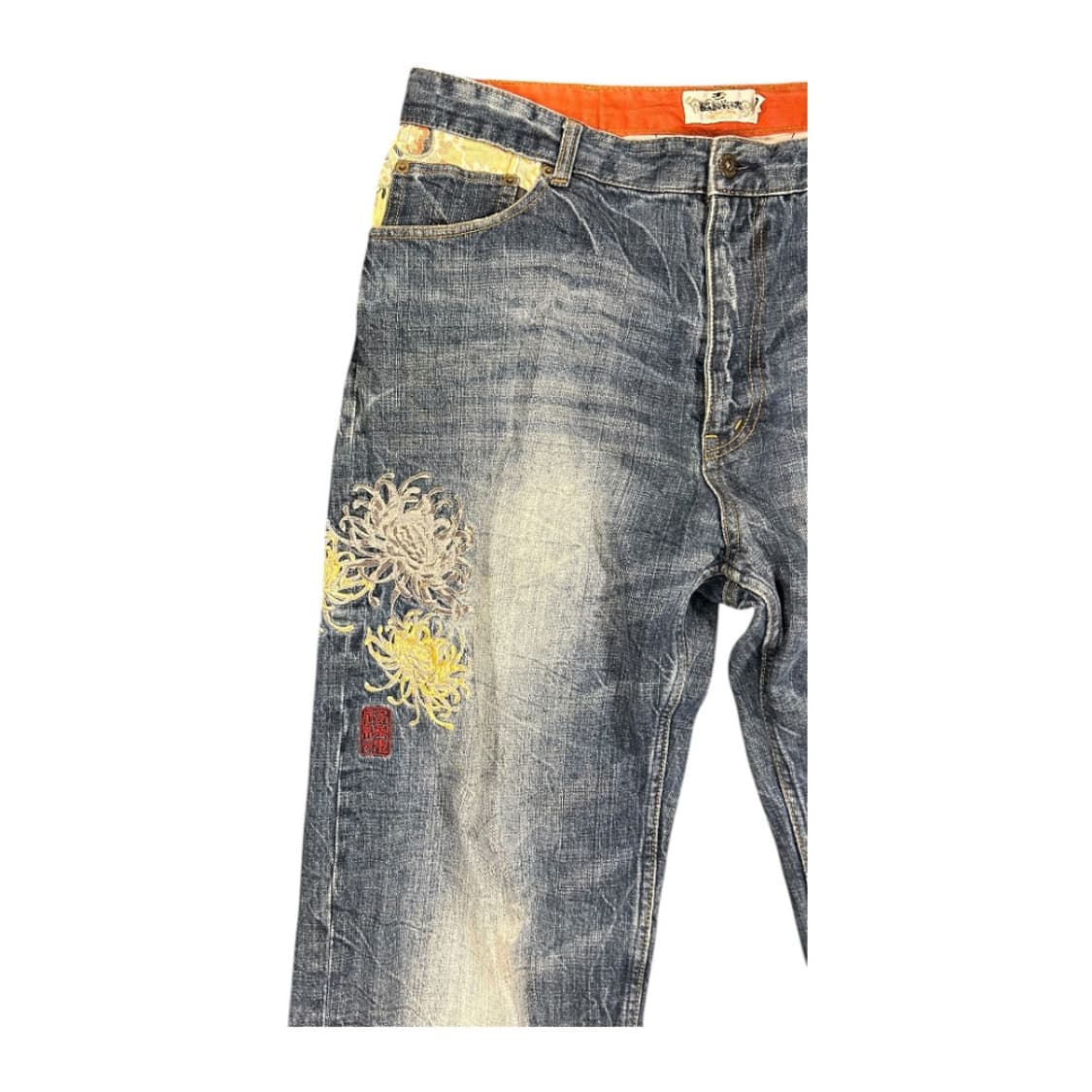 2XL) 카라쿠리 타마시 잉어&국화 자수 와이드 데님팬츠 BD-071 상품이미지3