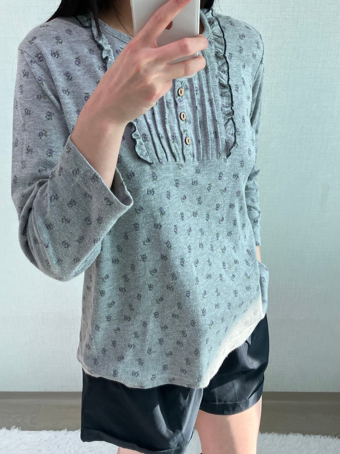 jpn vintage 그레이 플라워 패턴 레이스 롱 슬리브 y2k 스트릿 상품이미지2