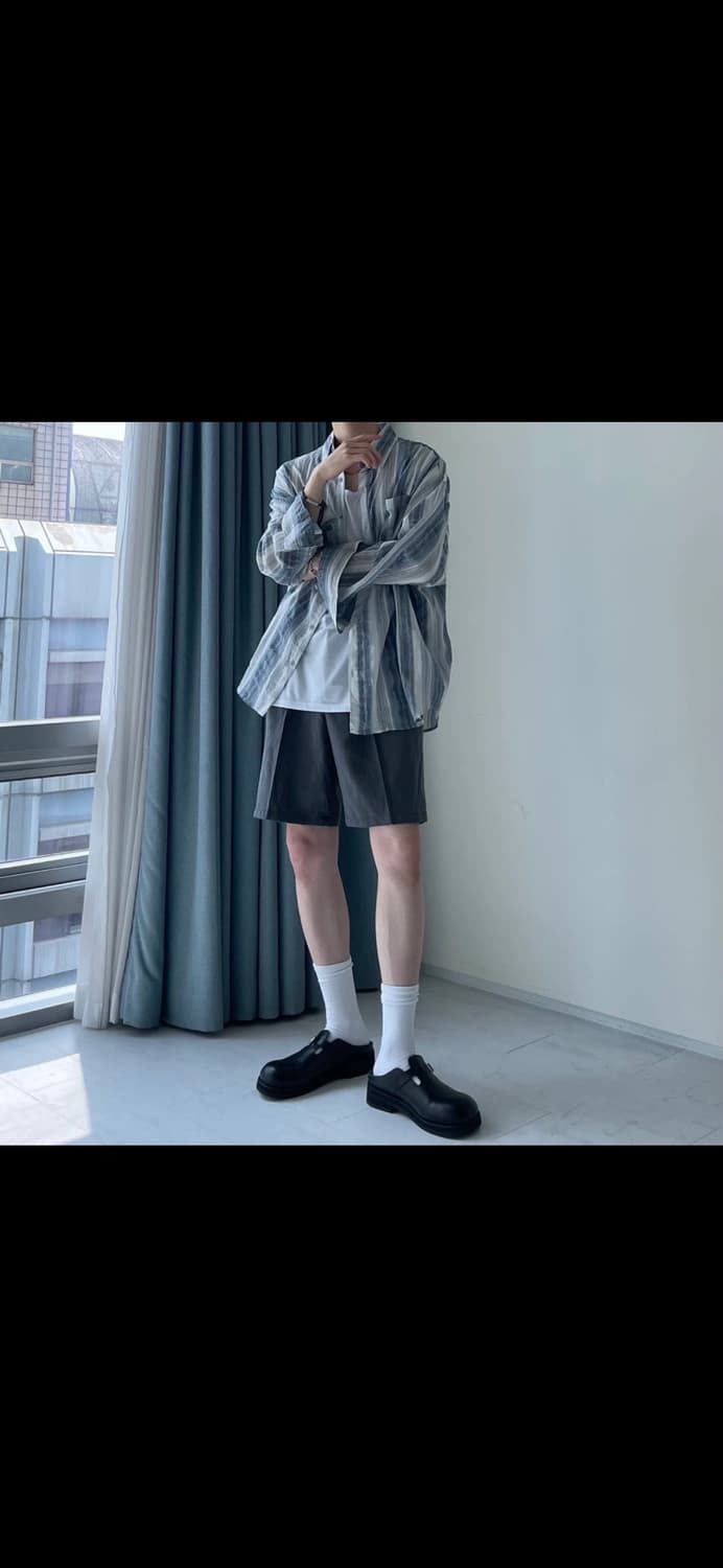 스트라이프 린넨 오버핏 플로어 물결 셔츠 새상품 상품이미지3