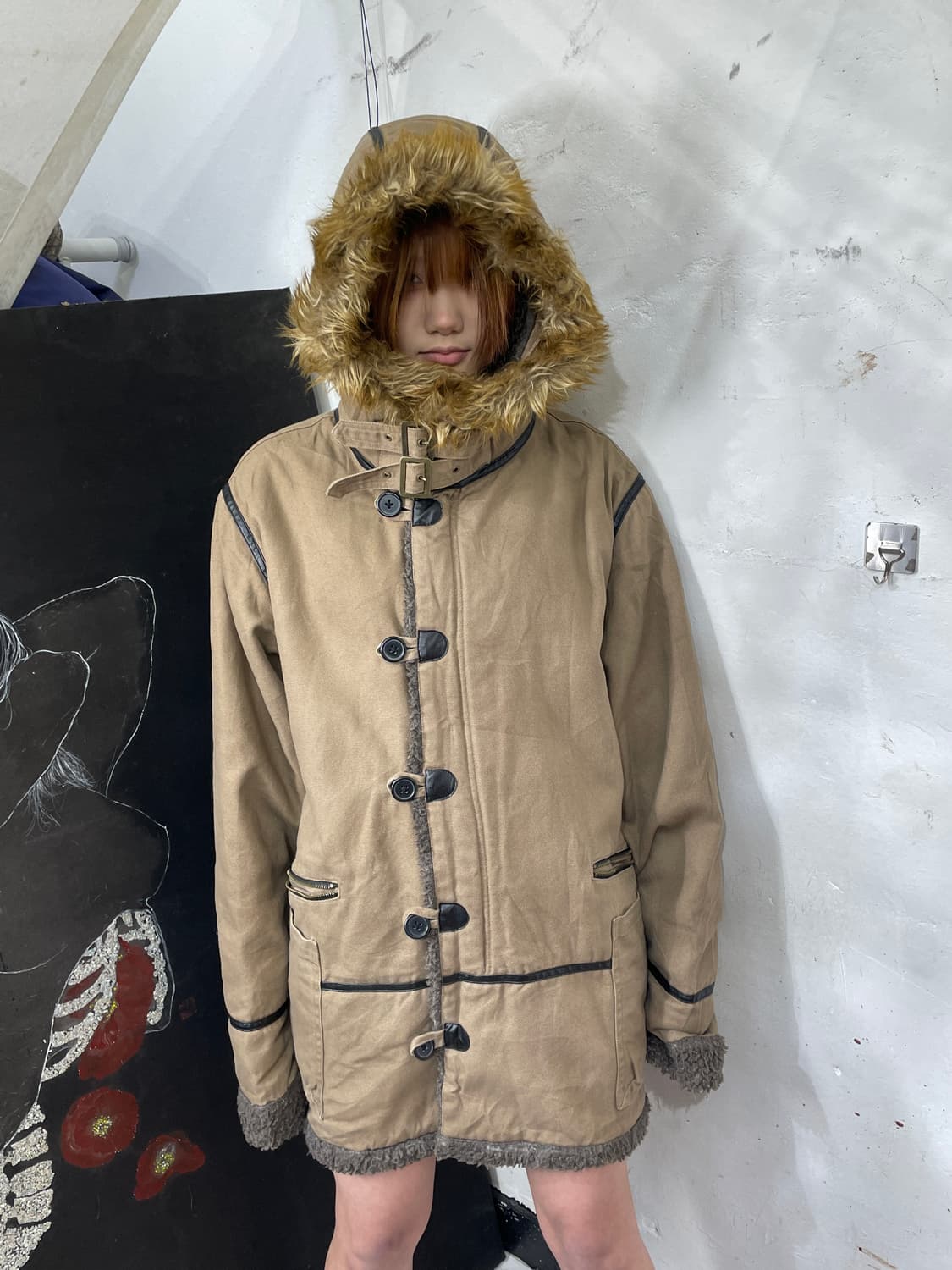 일본빈티지 밀리터리 울프죠 모카 베이지 퍼 후드 자켓 개파카 야상 L 상품이미지2