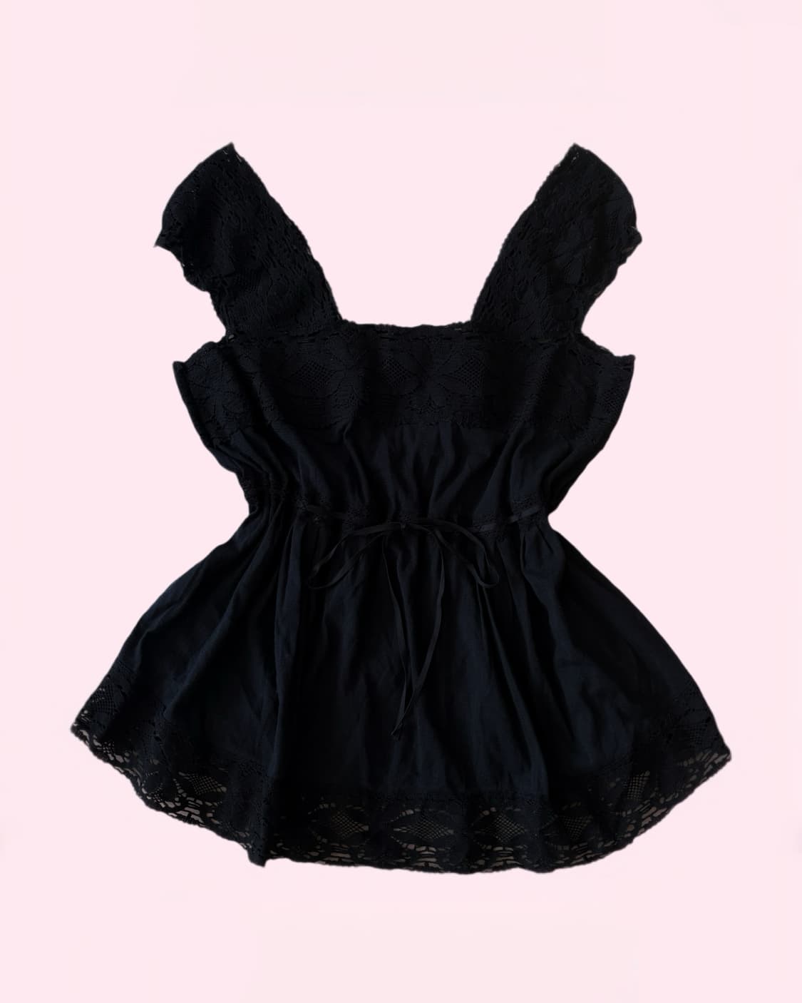 블랙 히메갸루 레이스 디테일 리본 포인트 대장 나시 티  상품이미지1