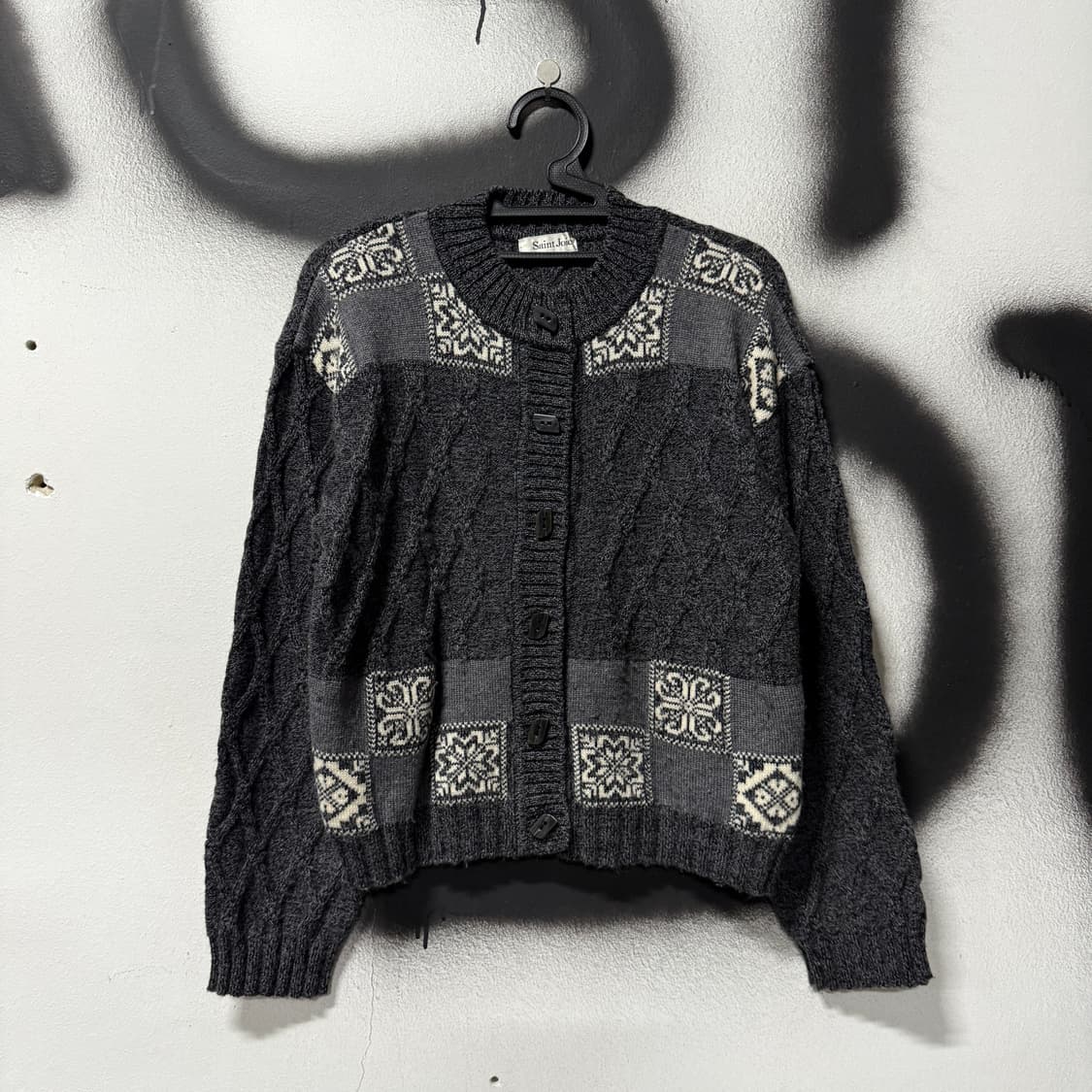 VTG 빈티지 울 100% 노르딕 패턴 꽈배기 니트 가디건 상품이미지1